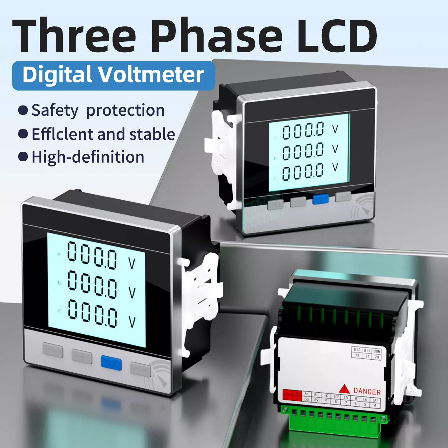 Trefaset LCD digitalt voltmeter